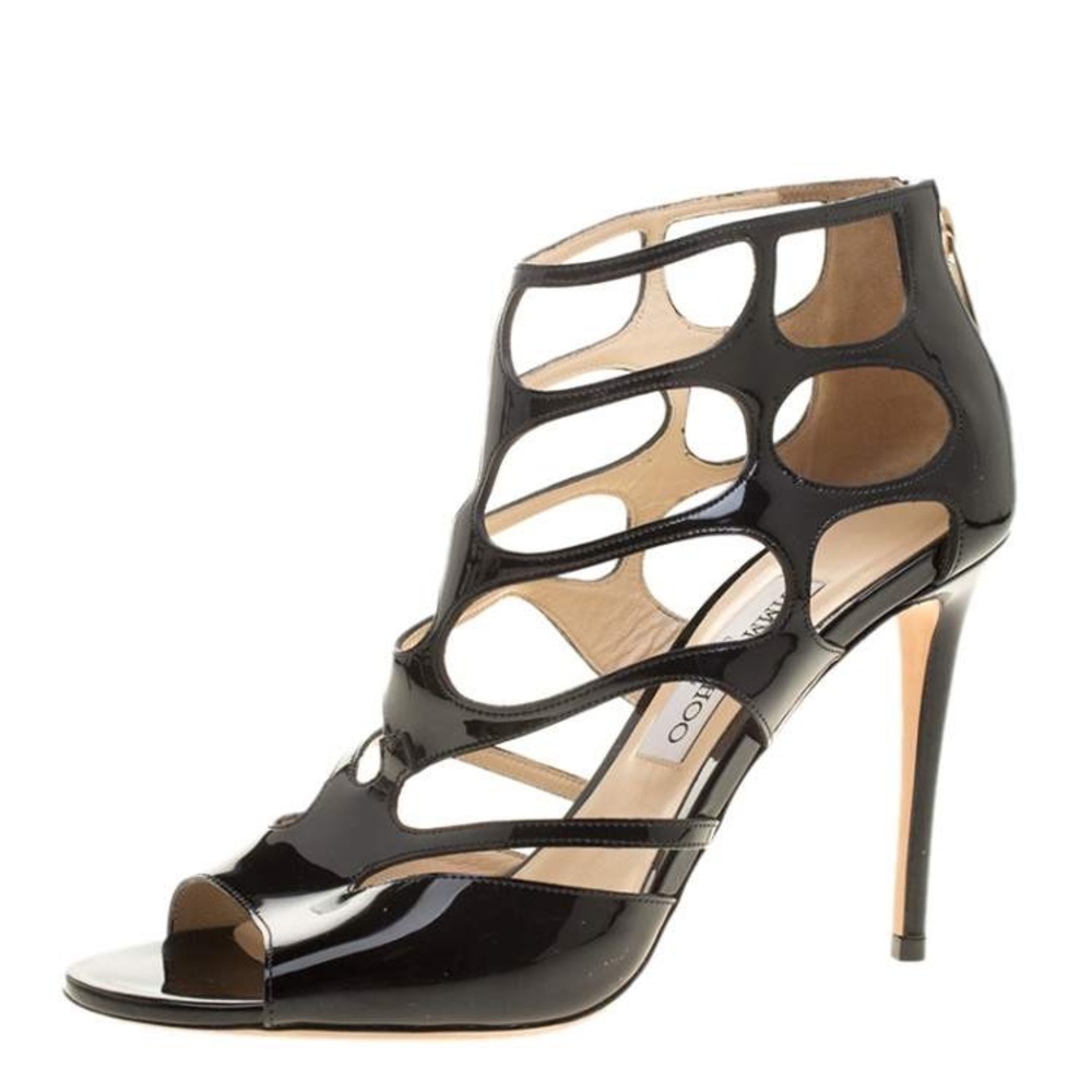 Jimmy Choo Black Patent Leather Cage Cutout Stiletto Sandals